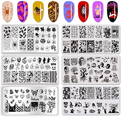 Halloween Nail Stamper Kit - 6 Pcs Skull Bat Witch Spider Web Pumpkin Grimace Blood Design Nail Template Decoration