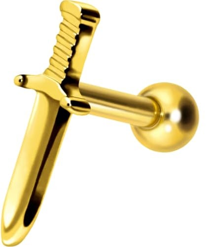 PIERCINGLINETitan Ohrpiercing mit Gewinde SCHWERT Piercing Ohr Helix Tragus Lobe Goldfarben 8 mm