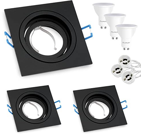 Lumiled 3x Einbaustrahler LED flach Spots GU10 inkl. 6W LED Leuchtmittel Warmweiß 3000K 580lm Einbauleuchten 230V Einbaurahmen schwarz eckig Einbauspots schwenkbar Downlight