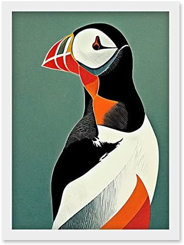 Wee Blue Coo Bright Bold Colourful Atlantic Puffin Bird Portrait Artwork Framed Wall Art Print A4