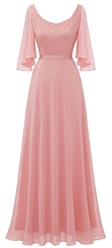 DRESSTELLS Dusty Rose Brautjungfer Kleid, Blush Dusty Pink Hochzeit Prom Formelle Lange Maxi Kleider mit Ärmeln V-Back Blush S