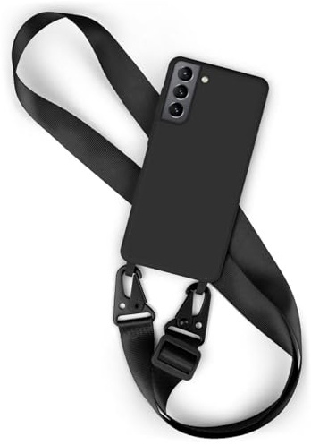 moex Hover Cover für Samsung Galaxy S21 Handyhülle zum Umhängen mit Band, Hülle mit Handykette abnehmbar, Handyband & Karabiner Lanyard Soft Case mit Verstellbarer Kette, Schwarz