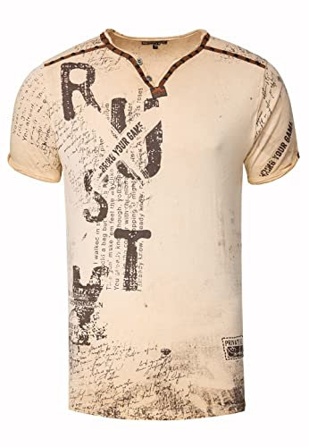 V-Neck Herren T-Shirt Vinatage Used-Look mit Plakativem Front und Back Print Kurzarm-Shirt Wildleder-Details mit Nieten-Verlauf 289, Farbe:Beige, Größe S-3XL:S