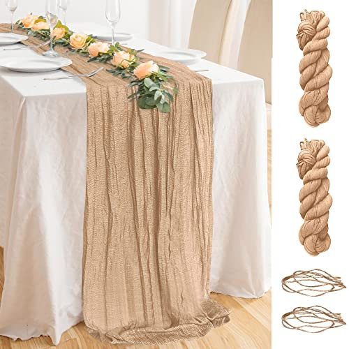 Tischläufer Beige,2 Stück Chiffon Tischläufer 90x400 cm,Seihtuch-Tischläufer,Gaze-Tischläufer,Table Runner Tischdecke,Tischdeko Hochzeit Boho Tischläufer für Brautparty Geburtstag Partydekorationen