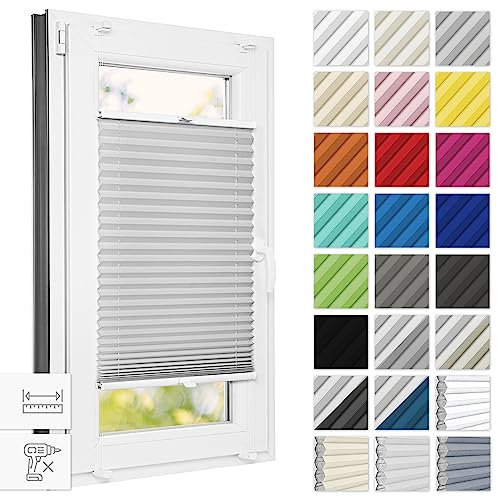 Estika Plissee ohne Bohren 100 cm x 200 cm - Hellgrau - Bruchfeste Klemmhalter, Plissee klemmfix, Rollos für Fenster ohne Bohren, Jalousien Fenster für innen, Raffrollo, Fenster plissee