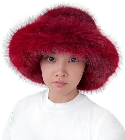 Lina & Lily Damen Winter Fischerhut aus Kunstpelz mit breiter Krempe (Dunkelrot)