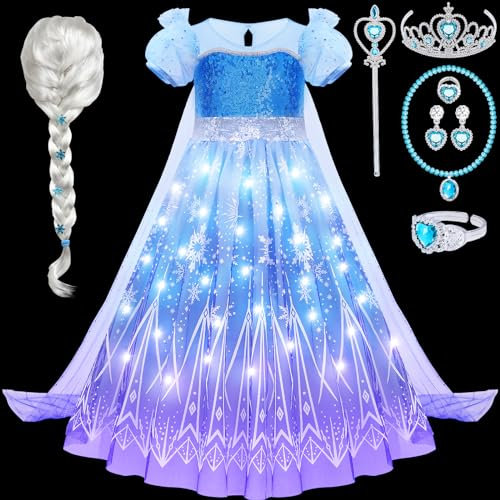 vamei Leuchtend Elsa Eiskönigin Kostüm Mädchen LED Elsa Kleid Prinzessin Kleid Mädchen mit Elsa Perücke Krone Handschuhe Zauberstab für Geburtstag Karneval Halloween Verkleidung 2 3 4 5 6 7 Jahre