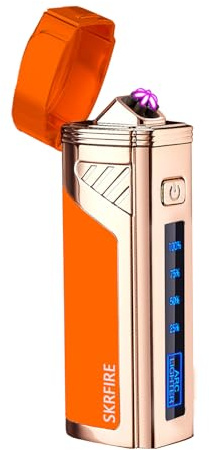 SKRFIRE Elektrisches Feuerzeug mit DREI Lichtbogen, flammenlos, Plasma-Feuerzeug, Winddicht, wiederaufladbar, USB-Feuerzeug für den Außenbereich, Camping, mit digitaler Batterieanzeige（orange）