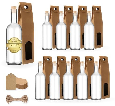 Espirito Rebelde 10x Bouteilles en Verre 200ml avec Bouchon en Liège + 10 Boîtes + 10 Étiquettes Kraft + Ficelle - Bouteille pour Vin, Liqueur, Whiskey, Rhum - Idéales pour Souvenirs