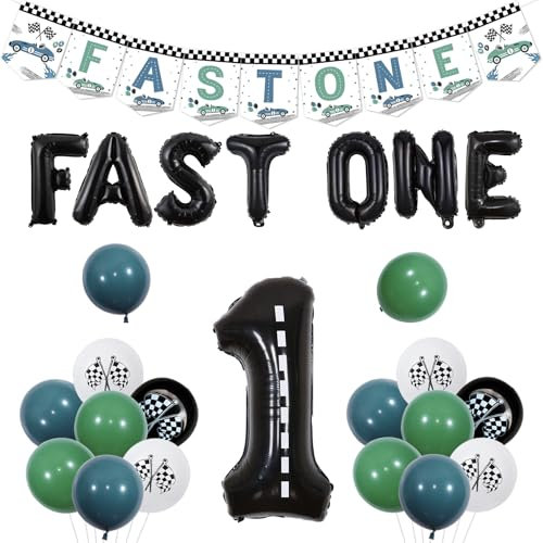 kreat4joy Rennwagen Erster Geburtstag Dekorationen für Jungen, Vintage Fast One Birthday Banner Luftballons Nummer 1 Ballon für Retro Rennwagen Thema Fast One 1. Geburtstag Party