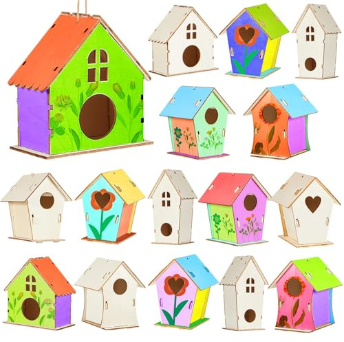 Juexica 15 casette per uccelli in legno da 10,2 cm, kit di casette per uccelli in legno non finito per arti e artigianato primaverile per bambini, per costruire e dipingere fai da te (carine)