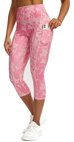 Tuspryt Legging de sport 3/4 pour femme avec poches, pantalon de sport 3/4 opaque, pantalon de fitness, pantalon de course pour femme