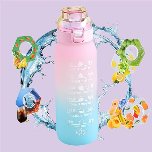 Valart 1000 ml Borraccia Rotonda Aromatizzata, Fornita con 7 Cartucce Miste di Bacche con Bacche Aromatizzate, Bottiglie D'acqua Sportive in Plastica per Rimanere Idratati (sfumato rosa blu)