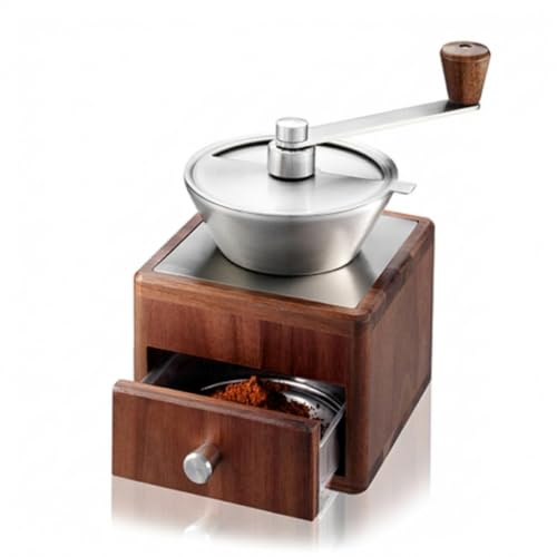 GEFU Kaffeemühle GIRO - 11-stufiges Keramikmahlwerk - Akazienholz, 50g | Manuelle Handkaffeemühle mit Skala für Espresso bis French Press, Korpus in Walnussoptik, Schublade für 7 Tassen