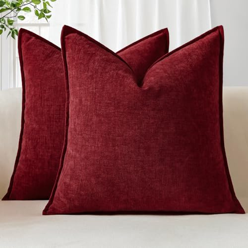 Sungeek 2er Set Chenille Kissenbezüge, Weich Dekorativ Zierkissenbezüge Umwickelte Kante Kissenbezug Dekokissen Deko Bezug Einfarbig Kissenhülle für Sofa Schlafzimmer Wohnzimmer (45x45cm, Dunkelrot)