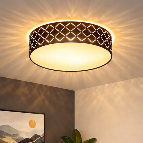 Deckenleuchte Textil schwarz Deckenlampe schwarz gold Wohnzimmerleuchte rund, Metall, satiniert, 2x 7W 806Lm warmweiß, DxH 38x10 cm