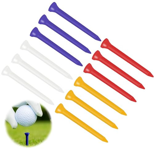 LEIBOCHAO Golf Tees Langlebigem Kunststoff, 12 Stück Golftees Kunststoff, Lang 83mm, Rot Blau Gelb Weiß Bunt, Professional Unzerbrechliche Golf Tees Plastik