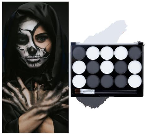 Black White Face Body Paint Kit with Brushes for Art Theater Halloween Party Cosplay Clown Sfx Makeup for Adult, Face Body Paint Washable Zombie Skeleton Makeup Kit (15 Colors)