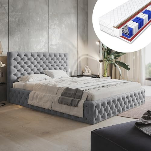 MOTIVENA Dalia Chesterfield Polsterbett 160x200 Mit Bettkasten, Matratze Und Lattenrost - Kopfteil Samt, H3/H4 Matratze - Grau Hellgrau