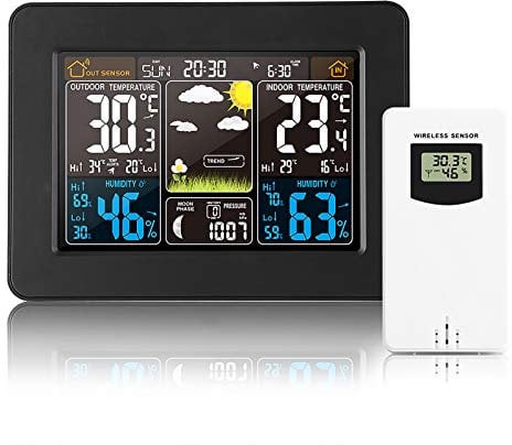ALLOMN Kabellose Wetterstation, Farbdisplay LCD Digitale Wetterstation mit Sensor, Wecker, Temperatur Feuchtigkeits Monitor, Barometrisch, Wettervorhersage für Zuhause Büro Garten Bauernhof (Schwarz)