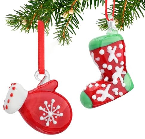 HDCRYSTALGIFTS Set 2 Mini Christmas Gloves and Stocking For Tree Hanging Ornaments, Blown Glass Christmas Decorations Pendant Holiday Xmas Gifts