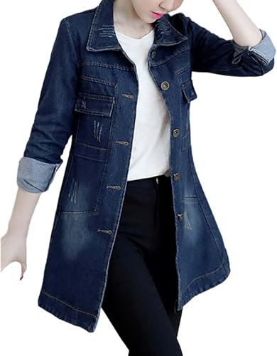 Suncadmious da Donna Elegante Lungo Oversize Abbottonato Trench Coat Risvolto Denim Parka con Bottoni Sottile Monopetto di Media Lunghezza Trench Giacca Autunnale (Blu Scuro,S)