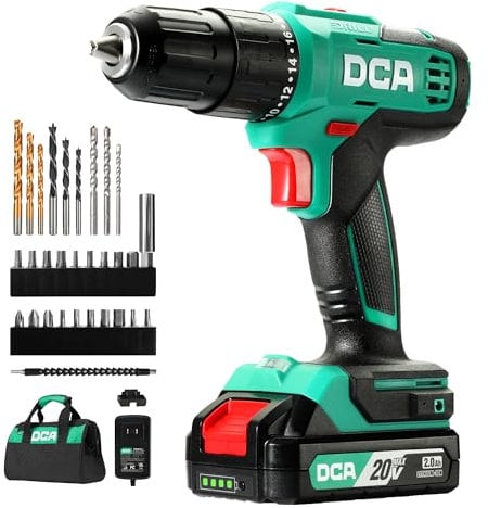 DCA Trapano a percussione a batteria 20V, 40 Nm, mandrino autoserrante da 13mm, 22500 colpi/min, 2 velocità variabili, 18+1+1, trapano a percussione con 14 punte per muratura, metallo e legno