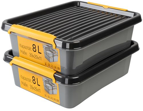 KONZEPT Boîte de rangement 8L avec couvercle, lot de 2 boîtes de rangement pour cave, atelier, garage, boîtes empilables en différentes tailles