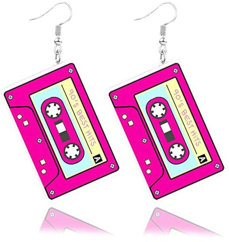 Ohrringe Kassette, Vintage Neon Ohrringe Damen, Lustige Ohrringe Fasching Acryl Kassetten Hängeohrringe Retro Earrings für 70er 80er 90er Jahre Karneval Party Accessoires (A)