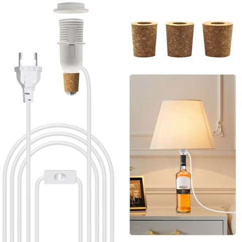 Portalampada per bottiglie, attacco E14 con cavo e interruttore, 240 cm, adattatore per bottiglie, accessorio fai da te per lampada da tavolo, compatibile con paralume, per camera da letto, soggiorno,