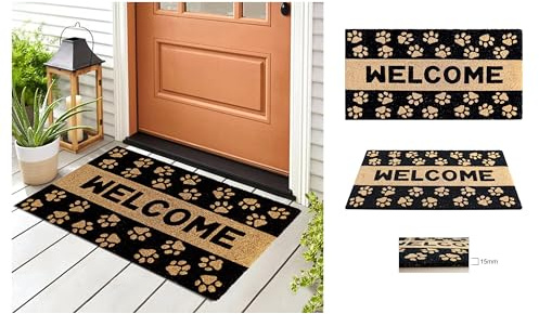 A.Unique Home 15mm Natural Coir Doormat with Printed Pattern 40cm x 80cm | Non-Slip PVC Backed (Paw Welcome)