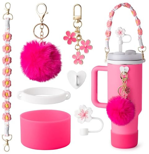 Winmany 7PCS Accessories Set for Stanley Cup Includes Macrame Wristlet Handle Strap Silicone Straw Covers Cap Bottle Boot Pompom Pendant Charms Compatible with Stanley Cup 30/40oz Tumbler
