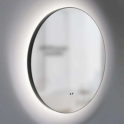 Talos LED Badspiegel mit Sensor & Hand-Wave Funktion – Wandspiegel 50 cm mit umlaufender LED-Hinterleuchtung, 5 mm Spiegelglas, Aluminiumrahmen matt schwarz, 4200K neutralweiß, IP44