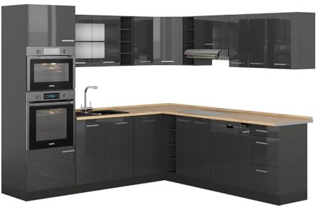 Vicco Eckküche R-Line, Anthrazit Hochglanz/Anthrazit, 237 x 247 cm, AP Eiche