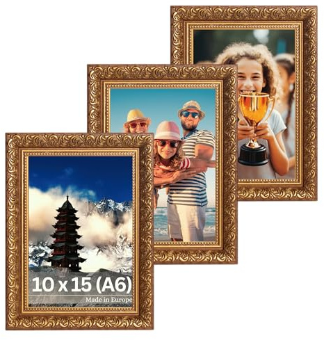 VictoR vintage Bilderrahmen „Rubens“ 3er Set in 10x15 cm (A6) braun gold - Leiste: 30x20mm - Echtglas - Fotorahmen barock - antik - Bilderrahmen Set A6 vintage