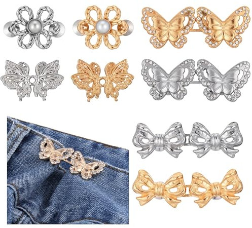 Lnngub 8 Paar Hosenbund Enger Machen, 4 Stile Hose Enger Machen Clip aus Zinklegierung Abnehmbare und Verstellbare Taillenschnalle Ohne Nähen Knopfspanner für Hosen, Jeans, Röcke (Gold, Silber)