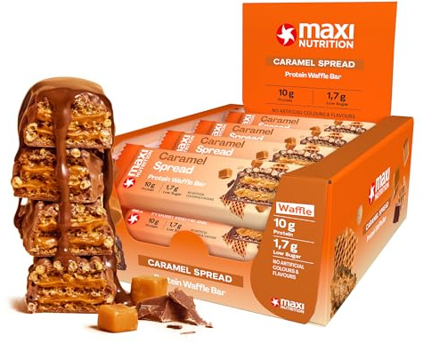 MaxiNutrition Caramel Spread Protein Waffle Bar, 27% Eiweiß, 192 kcal, (12 Eiweißriegel x 39g), Ohne Zuckerzusatz