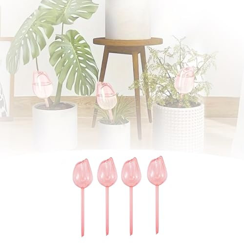 4 Pcs Tulip Design Plant Watering Globes, Self Watering Bulbs for Indoor and Outdoor Plants, Automatic Drip Irrigation with Terracotta Spikes for Home Decor & Vacation (Pink)
