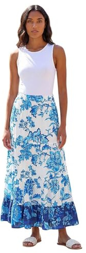 Roman Originals Gypsy Maxi Skirt for Women UK Ladies Tiered Bohemian Long Ankle Length Cotton Elasticated Waistband High Waist Monochrome Lounge Lightweight Holiday - Size 14 - Blue Floral