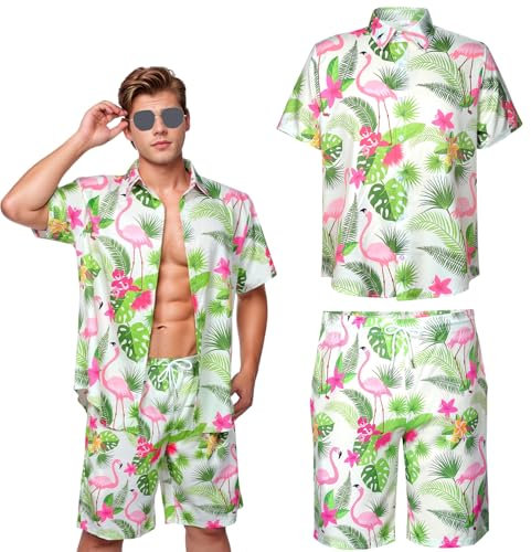 Moerstar Ensemble de Chemise Hawaienne Homme, chemisette a Fleur Manche Courte Homme avec Short, Chemise de Plage Décontractée à Motif Flamant Rose pour des Vacances Tropicales à la Plage (Vert, L)