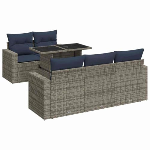 vidaXL 6-Piece Garden Sofa Set with Cushion Grey Poly Rattan Acacia, Outdoor Sofa Set, Garden Sofa Set, Lounge Set, Sofa Set Patio