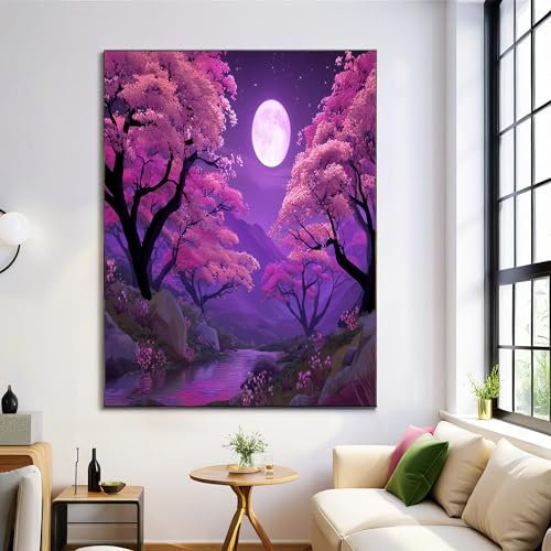ANALTIRCE Sakura-Bäume Vollmond -Poster, Wohnzimmer, Schlafzimmer, Dekoration, Cartoon Landschaft Ästhetische Wandkunst, Poster, Geschenk für Freunde, Ungerahmt, 40×60 cm