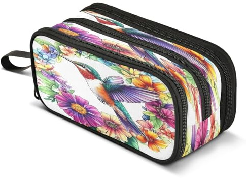 Mnsruu Federmäppchen mit Kolibri-Blumenkranz, großes Fassungsvermögen, Stiftetasche, 3 Fächer, große Stiftebox für Jungen und Mädchen, Schule, Aufbewahrungs-Organizer