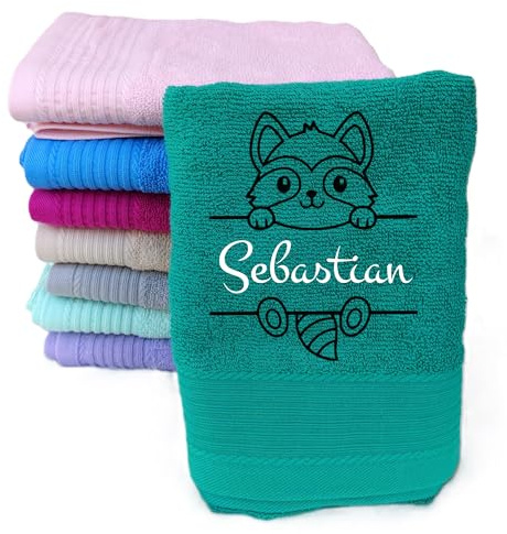 Wuff-Dogsworld Kinderhandtuch mit Motiv & Namen Bestickt, personalisiert, für Jungen & Mädchen, Verschiedene Motive & Farben, 100% Baumwolle (Emerald grün, 70 x 140 cm)