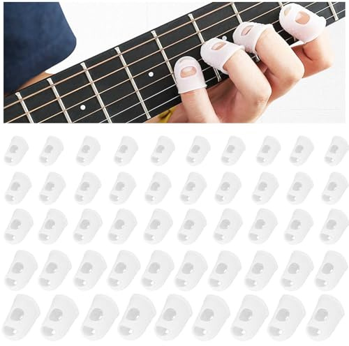 KUBDPQOR 50 Stück Gitarre Fingerschutz, Silikon Gitarre Fingerspitzenschutz, 5 Größen, Fingerkappen, Fingerschutz für Gitarristen