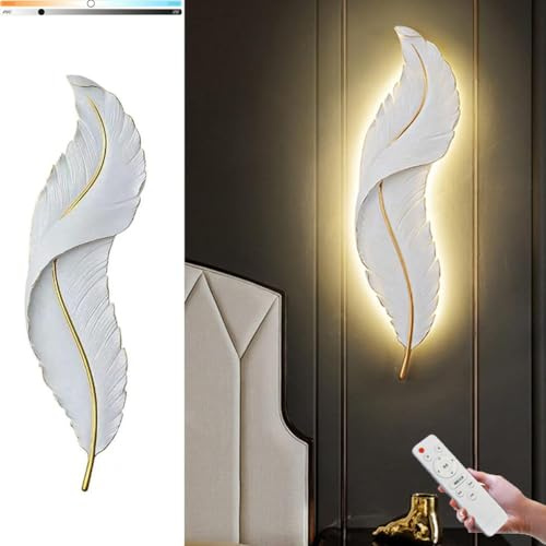 LOGT LED Dimmbare Feder Wandleuchte mit Fernbedienung 3000K-6000K Federlampe Wandlampe 3D Harz Deko Moderne Wandbeleuchtung Kreative Design Wohnzimmerlampe für Schlafzimmer Kinderzimmer,90CM