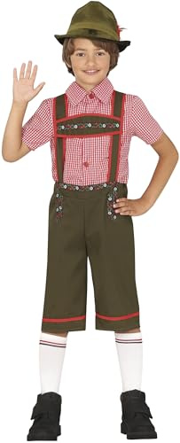 FIESTAS GUIRCA | Tyrolean Fancy Dress Costume for Children - Shirt and Dungarees - Oktoberfest, Beer Festival and German Celebration Costumes - Ideal for Kids - Red and Green