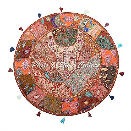 Stylo Culture Ethnisch Dekorativ Rund Bodenkissenbezug Boho 80x80 cm Groß Sitzpouf Kissen Vintage Braun Bohemien Patchwork Seat Lounge Baumwolle Bestickt Bodenkissen Ethno