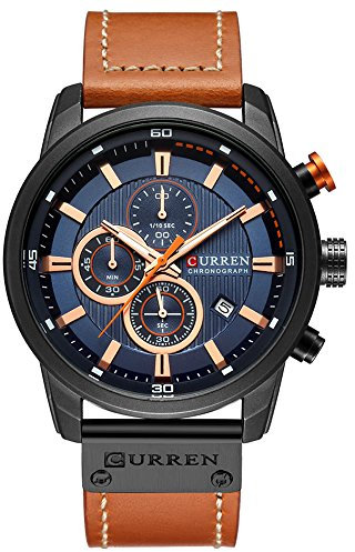 CURREN Herren-Armbanduhr, wasserdicht, Sport, Chronograph, Militär, Multifunktion, Leder, Quarz-Armbanduhr (Schwarz / Blau), Schwarz, Chronograph, Quarz-Uhrwerk