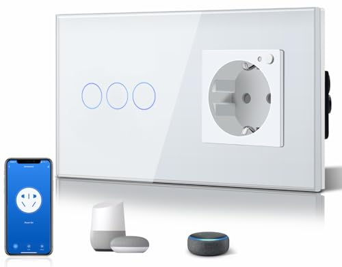 BSEED WiFi Smart Alexa Lichtschalter mit Steckdose, Kompatibel mit Google Home Tuya, Glas Touchscreen-schalter Wlan Lichtschalter 3 Gang 1 Weg Weiß (Neutrale Leitung Benötigt)